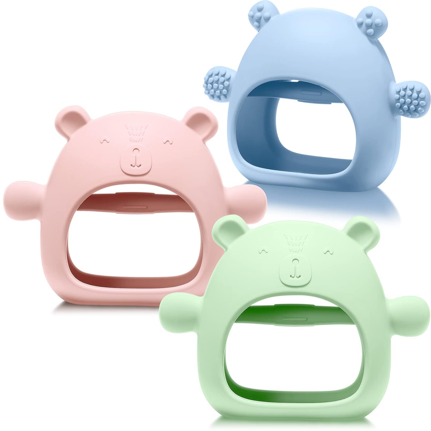 3 Pack Teething Toys for Babies 0-6 Months Silicone Hand Teethers Baby Anti Dropping Hand Pacifiers Infant Chew Toys for Sucking Needs(Pink, Blue, Green)