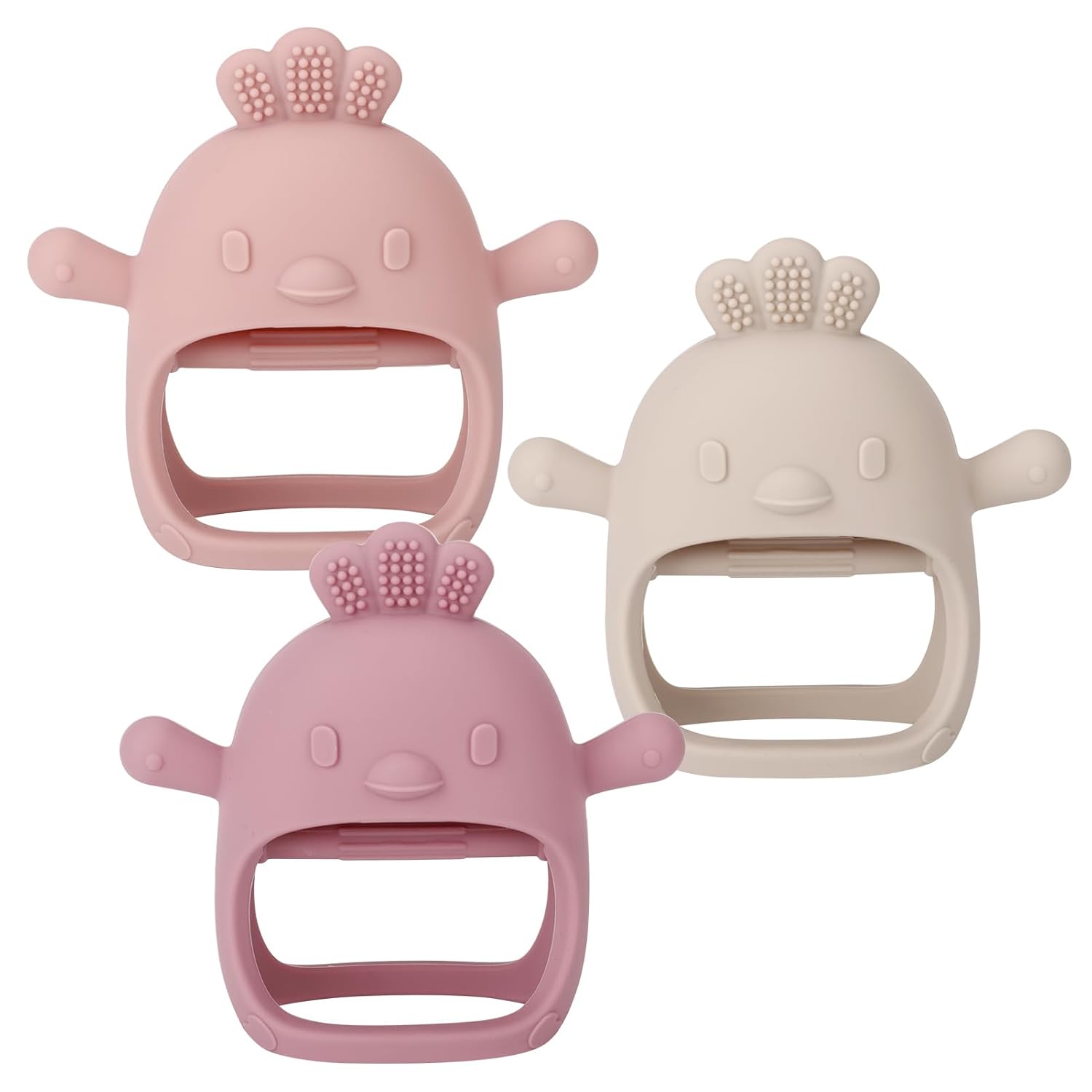 3 Pack Silicone Baby Teether Toys for Infants 3+ Months, BPA Free Anti-Drop Silicone Mitten Teething Toy for Soothing Sore Gums, Baby Chew Toys for Sucking Needs, Rose Pink,Dark Pink,Beige