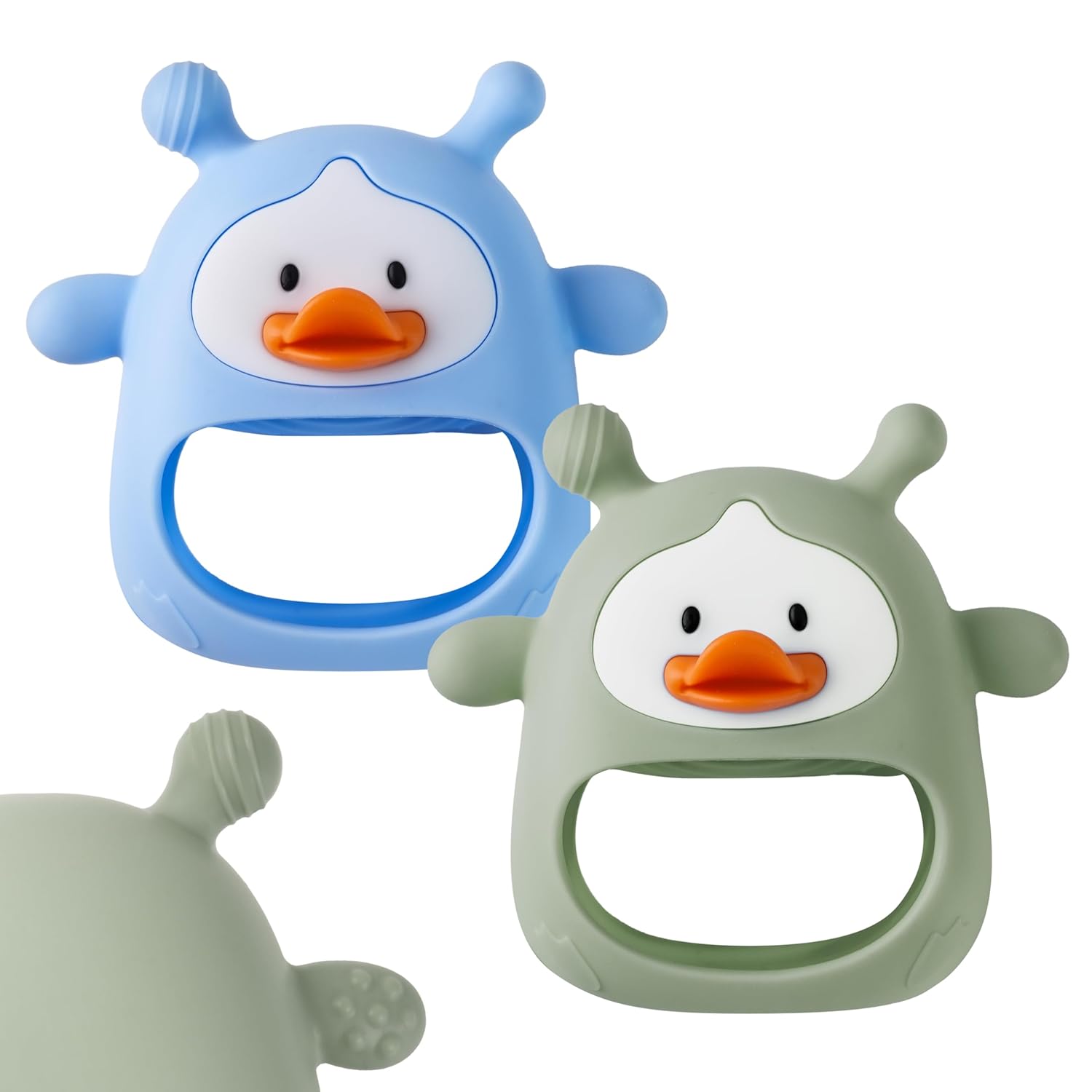 2 Packs Baby Teething Toys 3-6 6-12 Months, Food Grade Silicone Teething Mitten, Anti Dropping Wrist Hand Teethers, Never Drop Baby Chew Toys for Sucking Needs, BPA Free (Blue & Green)